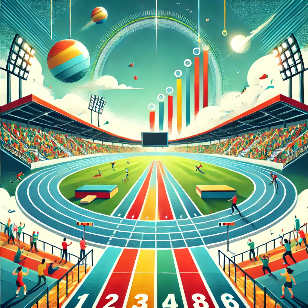DALL·E 2025-01-07 01.15.02 – A dynamic and vibrant background inspired by the theme of track and field athletics. The scene includes a bright stadium with a running track and jump